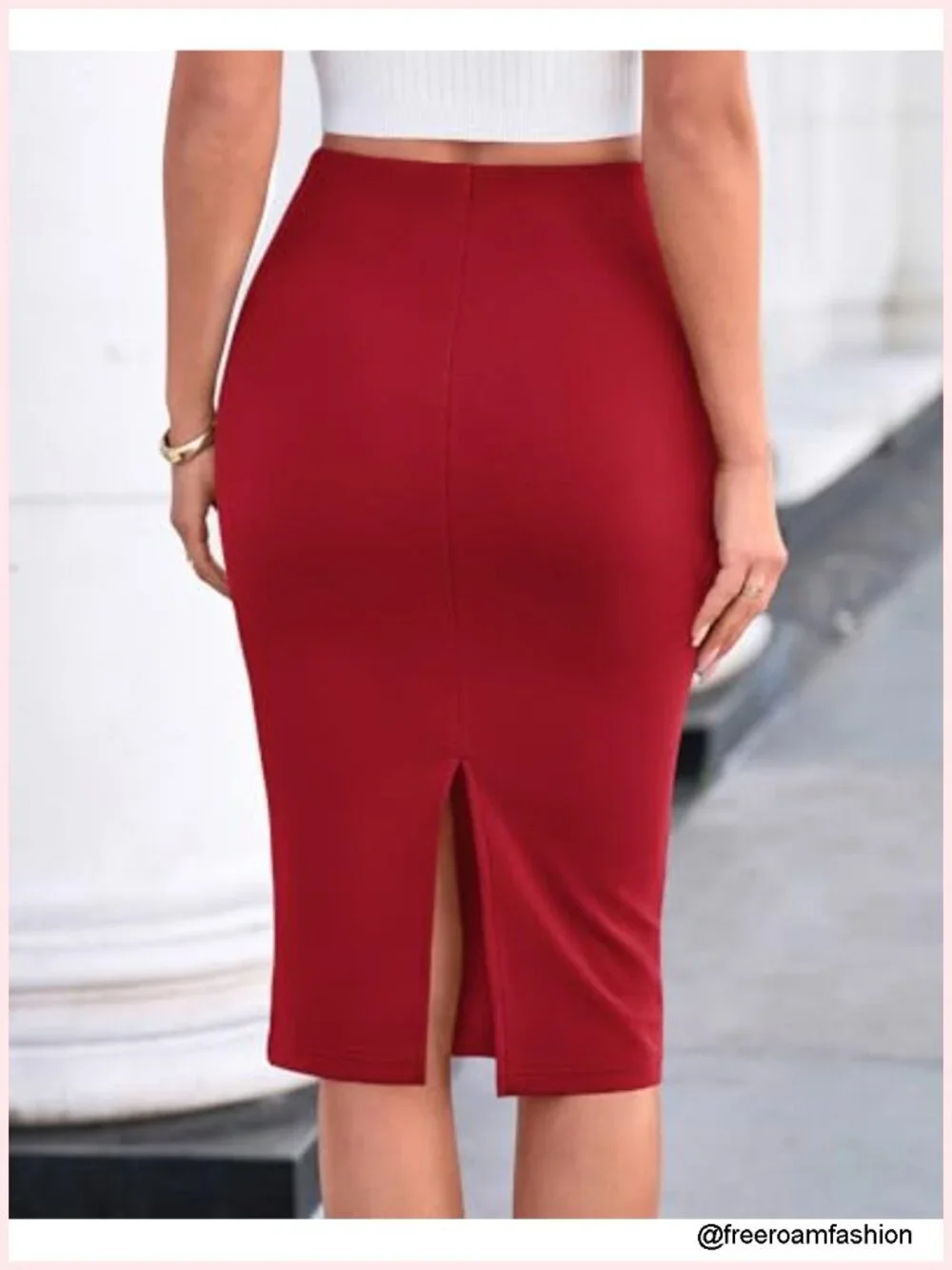 High Waist Pencil Skirt with Back Slit Midi Length Stretch Business Casual